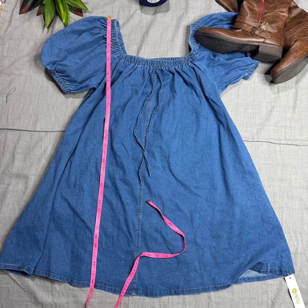 Denim Babydoll Mini Dress NWT Large Off Shoulder Puff Sleeve Pockets - Picture 6 of 14